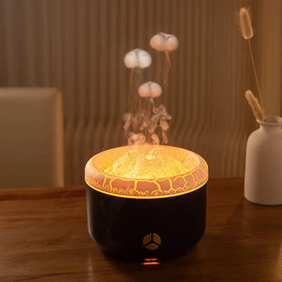 Stylish aromatherapy spray humidifier with a soothing glow and mist effect on a wooden table